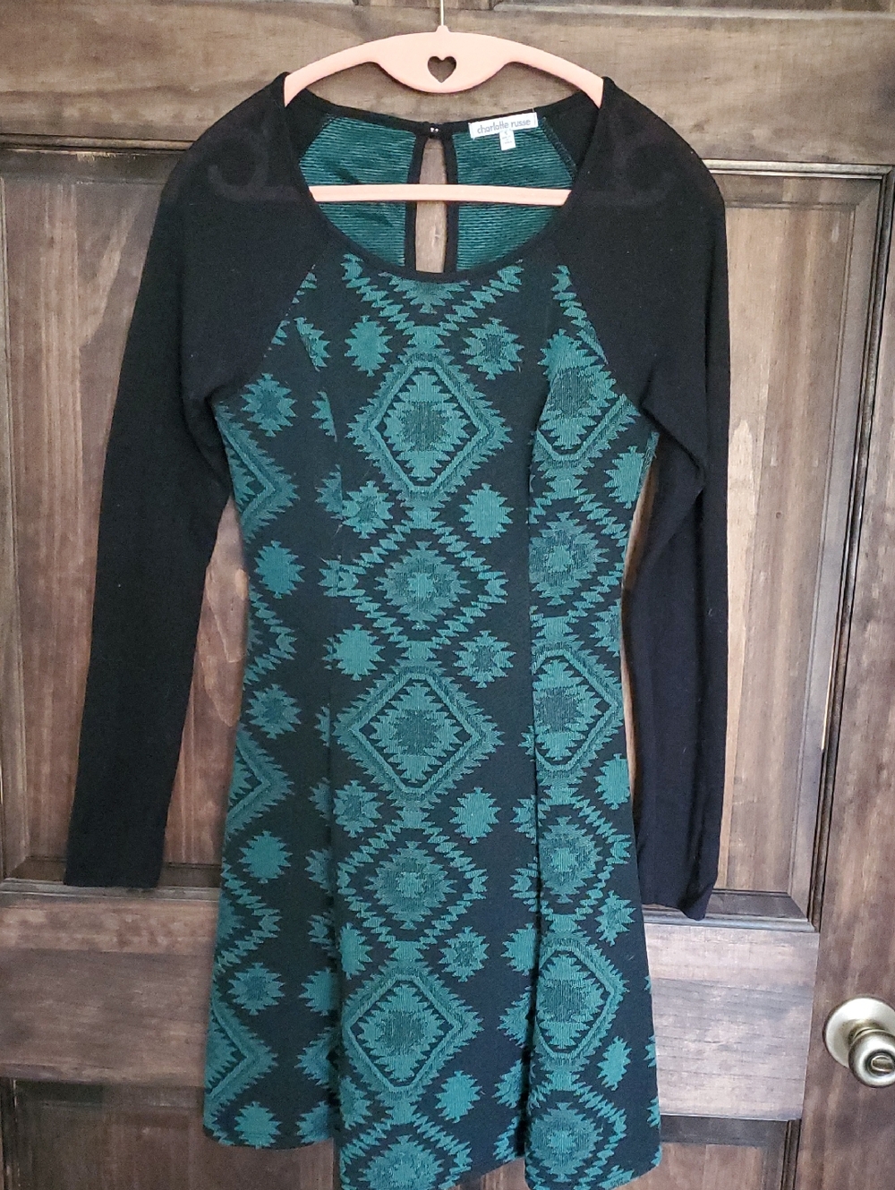 Charlotte Russe Teal & Black Long-Sleeve Fit-and-Flare Dress